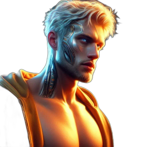 face, cyberpunk, fantasy art, concept art, comic book art, neon lights, golden, neon transparent PNG cut-out