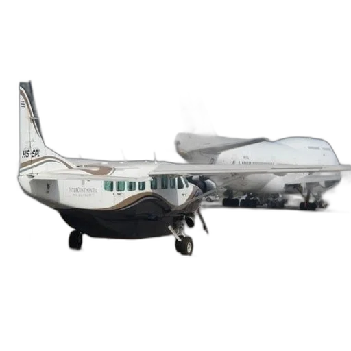 small, plane, word, international, sits, tarmac, front, large transparent PNG cut-out