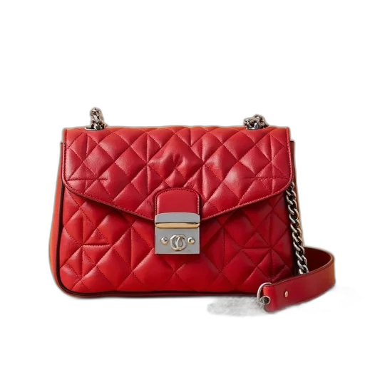 red, quilted, leather, handbag, silver, buckle, chain, strap transparent PNG cut-out