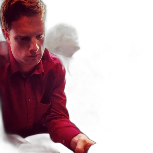 staff, man, red, shirt, sits, next, three, women transparent PNG cut-out