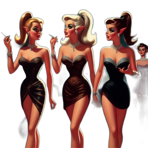 dress, concept art, cartoon, comic book art, pixel art, three, women, elegant transparent PNG cut-out