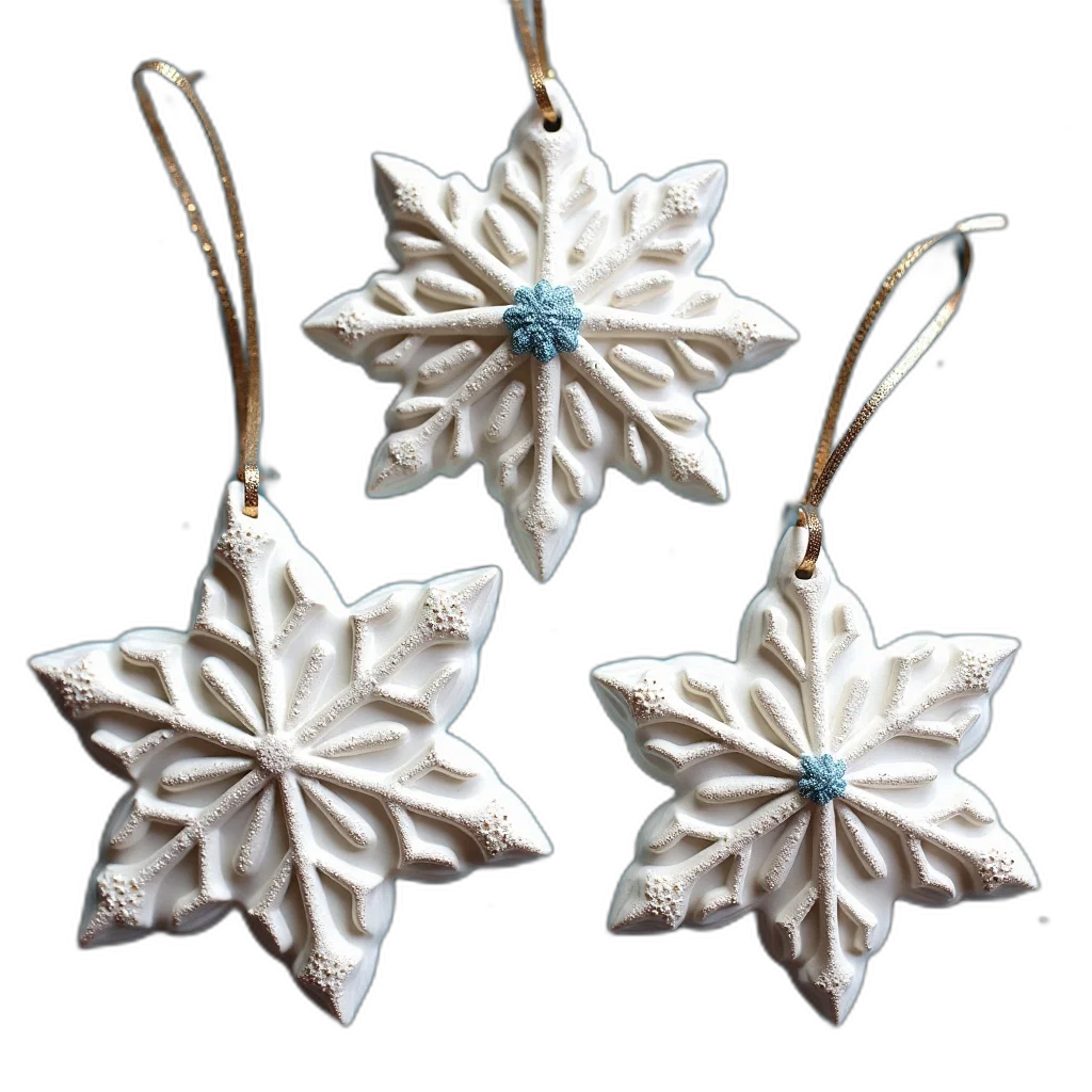 jewelry, 3d render, set, three, snowflake-shaped, ornaments, textured, surface transparent PNG cut-out