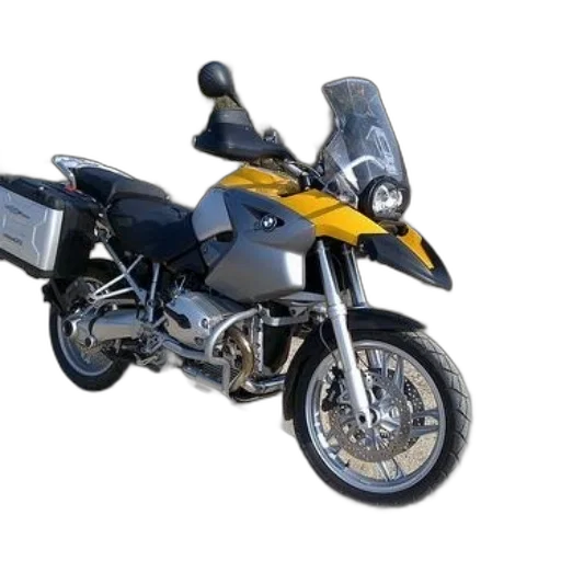3d render, photorealistic, concept art, yellow, silver, bmw, motorcycle, parked transparent PNG cut-out