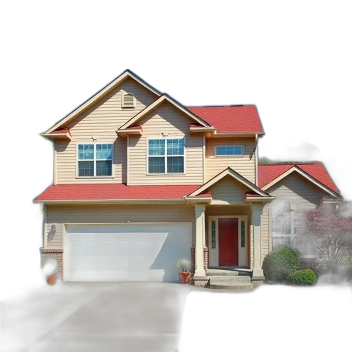 3d render, photorealistic, concept art, watercolor, two-story, house, red, roof transparent PNG cut-out