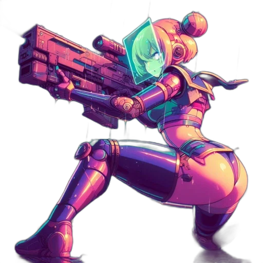 robot, weapon, staff, concept art, cyberpunk, pixel art, vaporwave, outer space transparent PNG cut-out