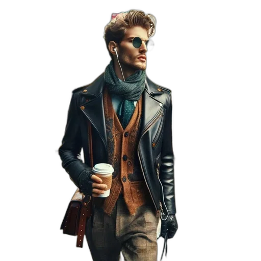 jacket, staff, concept art, cyberpunk, photorealistic, comic book art, earth tones, dark transparent PNG cut-out