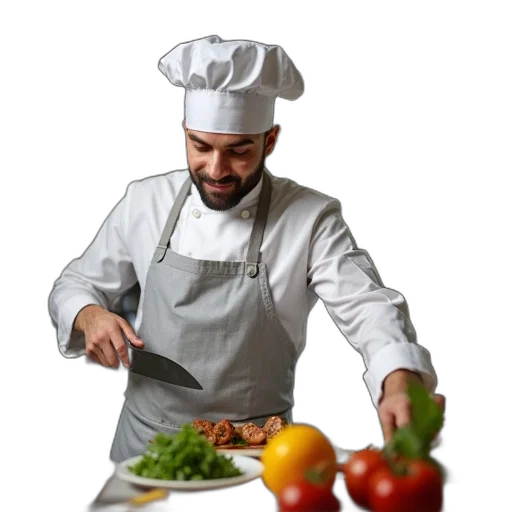 food, staff, face, hat, photorealistic, 3d render, concept art, chef transparent PNG cut-out