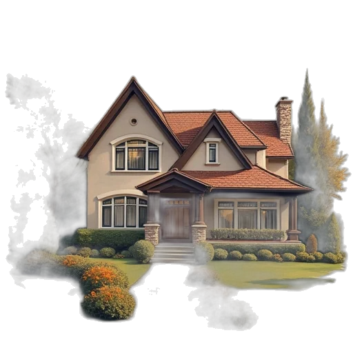 building, photorealistic, 3d render, concept art, watercolor, fog, forest, city street transparent PNG cut-out
