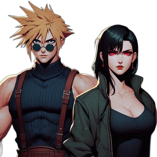 comic book art, concept art, cyberpunk, pixel art, dark, two, animated, characters transparent PNG cut-out