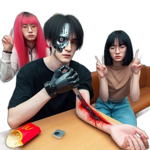 cyberpunk, photorealistic, anime, three, individuals, inside, mcdonald, branch transparent PNG cut-out