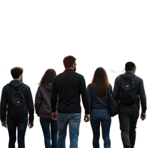 jacket, staff, hair, 3d render, concept art, group, people, walking transparent PNG cut-out