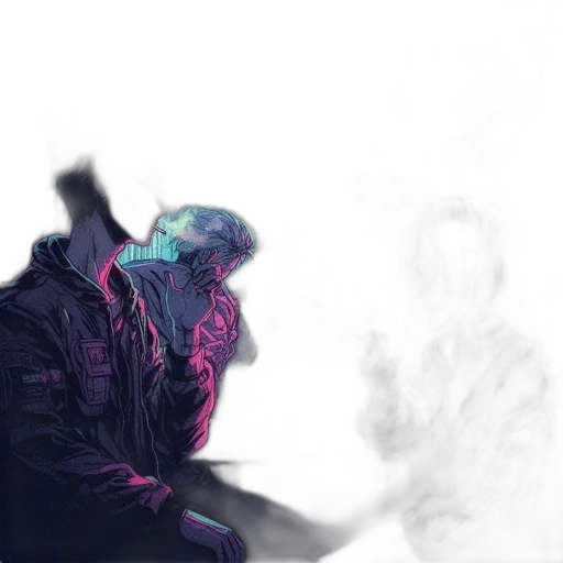 jacket, mask, face, creature, concept art, cyberpunk, watercolor, vaporwave transparent PNG cut-out