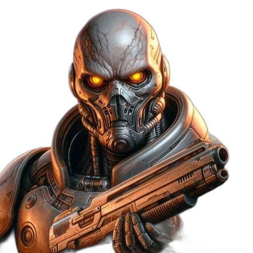 robot, face, weapon, mask, concept art, cyberpunk, 3d render, comic book art transparent PNG cut-out
