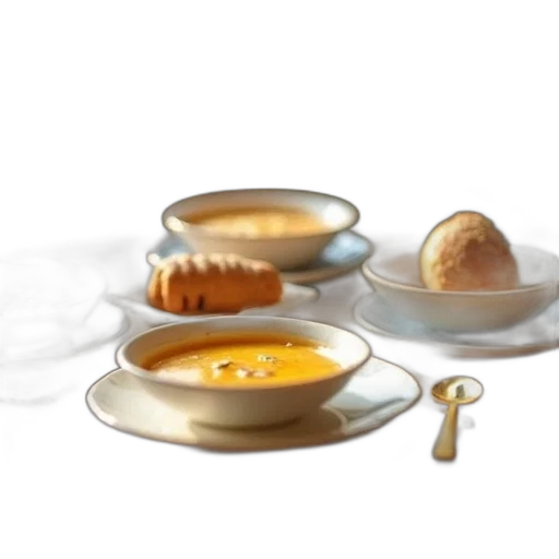food, 3d render, photorealistic, dollhouse, table, bowls, soup, bread transparent PNG cut-out