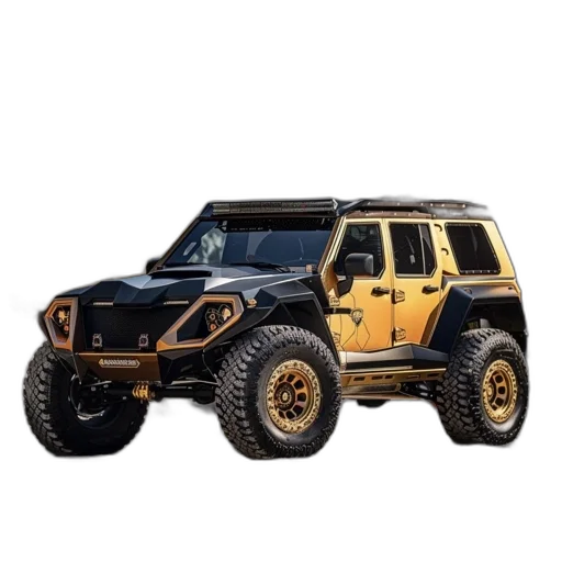car, 3d render, gold, black, off-road, vehicle, geometric, design transparent PNG cut-out
