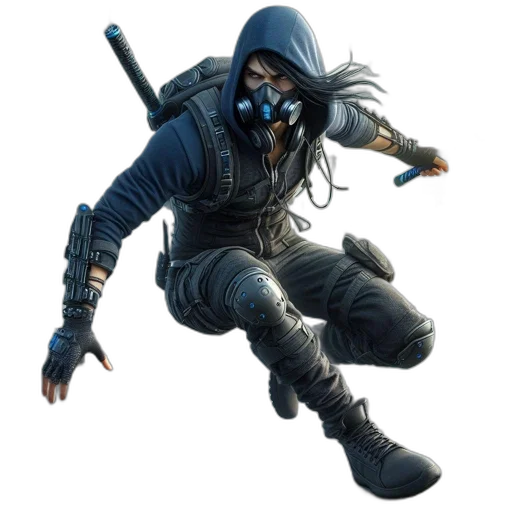 jacket, mask, weapon, staff, concept art, cyberpunk, pixel art, fantasy art transparent PNG cut-out