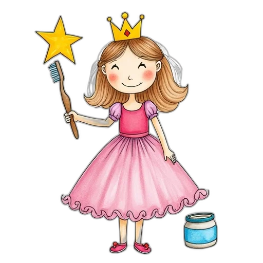 crown, staff, dress, cartoon, child, drawing, princess, toothbrush transparent PNG cut-out