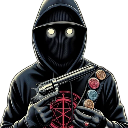 jacket, mask, weapon, staff, comic book art, pixel art, concept art, cyberpunk transparent PNG cut-out