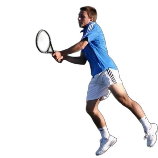 staff, man, blue, shirt, white, shorts, playing, tennis transparent PNG cut-out