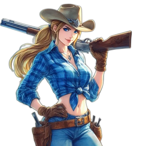 weapon, comic book art, concept art, cartoon, fantasy art, woman, portrays, cowgirl transparent PNG cut-out