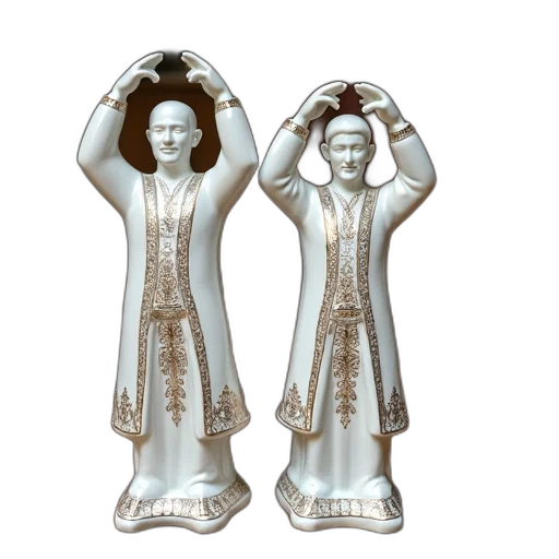 jewelry, 3d render, two, ceramic, figurines, men, traditional, attire transparent PNG cut-out