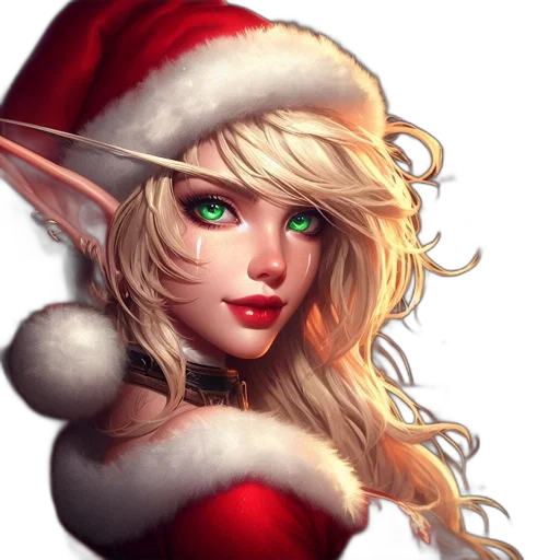 fantasy art, concept art, photorealistic, pixel art, elfin-styled, woman, wears, santa transparent PNG cut-out