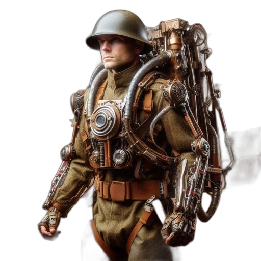 robot, weapon, jacket, concept art, 3d render, cyberpunk, comic book art, earth tones transparent PNG cut-out