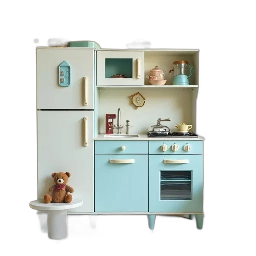 furniture, 3d render, pastel, green, blue, vintage-style, kitchenette, white transparent PNG cut-out