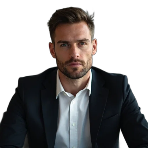 staff, jacket, face, photorealistic, man, neutral, expression, sitting transparent PNG cut-out