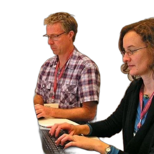 staff, two, people, sit, table, laptops, both, wearing transparent PNG cut-out