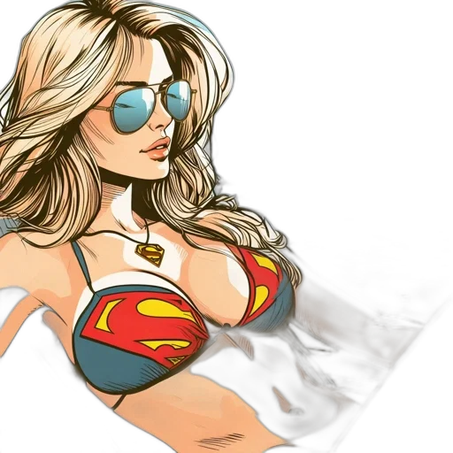 comic book art, cartoon, photorealistic, fantasy art, woman, wears, superman-logo, bikini transparent PNG cut-out