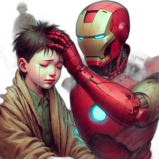 robot, comic book art, concept art, cyberpunk, fantasy art, red, young, boy transparent PNG cut-out