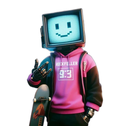 robot, jacket, face, weapon, pixel art, vaporwave, cyberpunk, 3d render transparent PNG cut-out