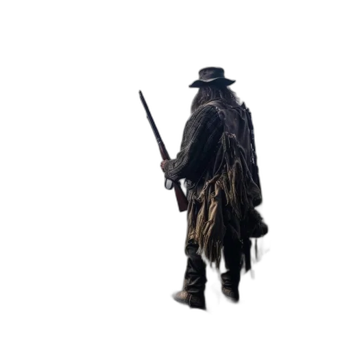 hat, staff, jacket, weapon, concept art, fantasy art, 3d render, pixel art transparent PNG cut-out