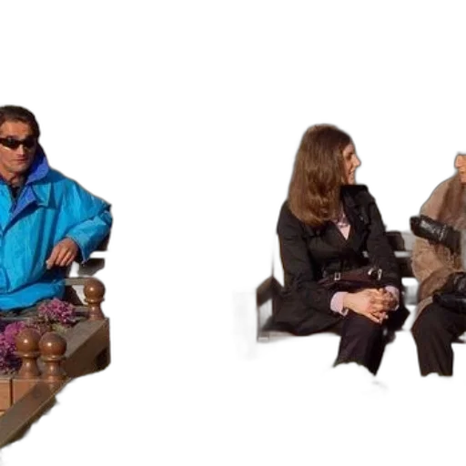 jacket, furniture, staff, shoes, outer space, people, sitting, bench transparent PNG cut-out