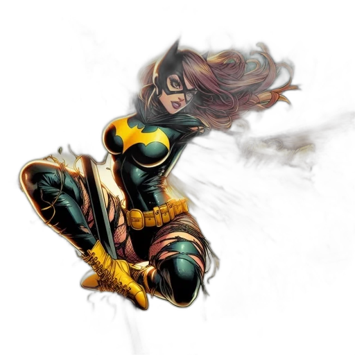 comic book art, concept art, fantasy art, pixel art, golden, green, dynamic, batgirl transparent PNG cut-out