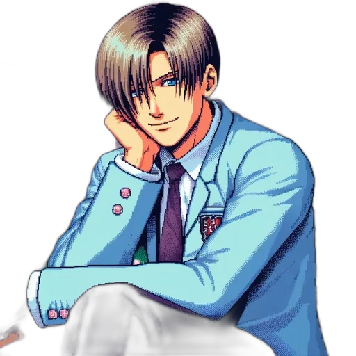 jacket, staff, face, anime, vaporwave, cartoon, pixel art, blue transparent PNG cut-out