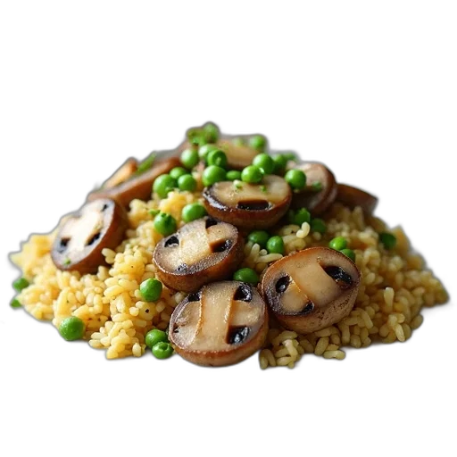food, jewelry, photorealistic, mushrooms, rice, pilaf, peas, plate transparent PNG cut-out