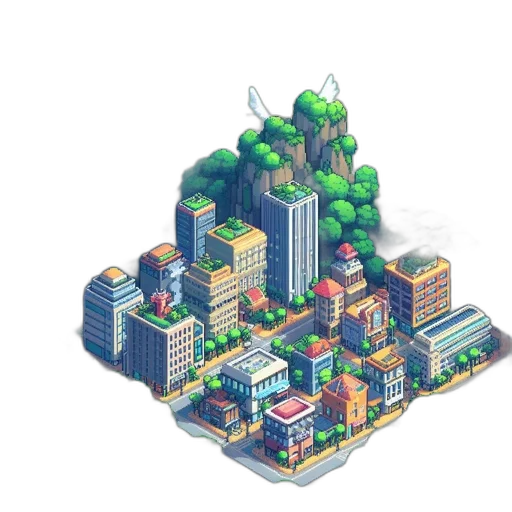 building, pixel art, concept art, 3d render, cyberpunk, city street, green, urban transparent PNG cut-out