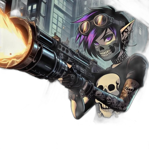 weapon, concept art, comic book art, cyberpunk, cartoon, animated, character, punk-inspired transparent PNG cut-out