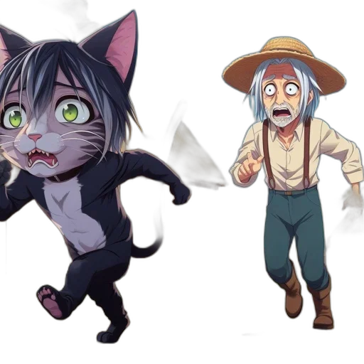 concept art, anime, cartoon, fantasy art, anthropomorphic, cat, chases, old transparent PNG cut-out
