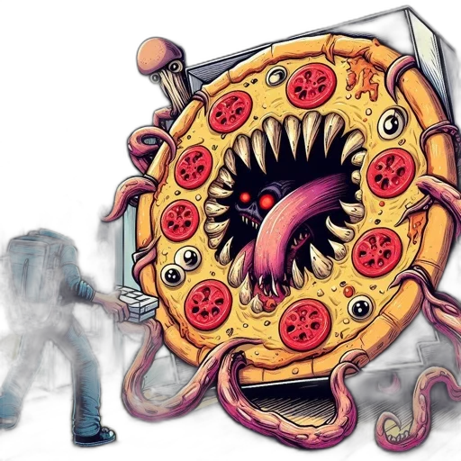 food, creature, concept art, comic book art, outer space, enormous, monstrous, pizza transparent PNG cut-out