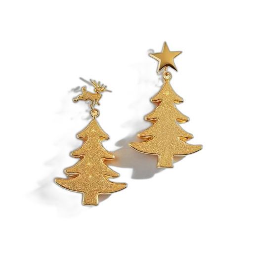 jewelry, pair, gold-colored, christmas, tree, reindeer, earrings, intricate transparent PNG cut-out