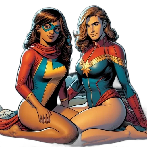comic book art, concept art, cartoon, two, female, superheroes, one, red transparent PNG cut-out