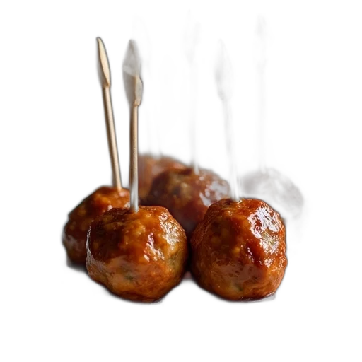 food, 3d render, photorealistic, plate, honey, bourbon, meatballs, toothpicks transparent PNG cut-out