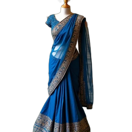 dress, blue, gold, traditional, indian, saree, displayed, mannequin transparent PNG cut-out