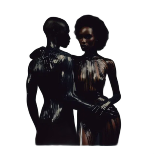 dress, 3d render, concept art, dark, monochrome, earth tones, two, individuals transparent PNG cut-out