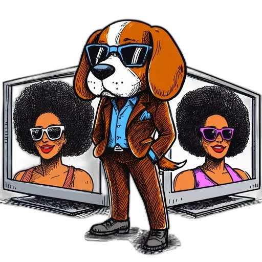 cartoon, comic book art, concept art, cyberpunk, anthropomorphic, dog, suit, sunglasses transparent PNG cut-out
