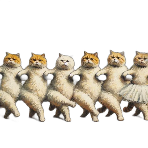 dress, concept art, oil painting, chubby, anthropomorphic, cats, dance, line transparent PNG cut-out