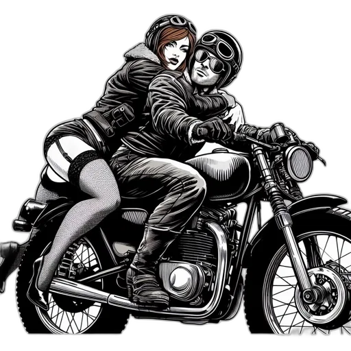 comic book art, cartoon, concept art, pixel art, city street, couple, ride, motorcycle transparent PNG cut-out